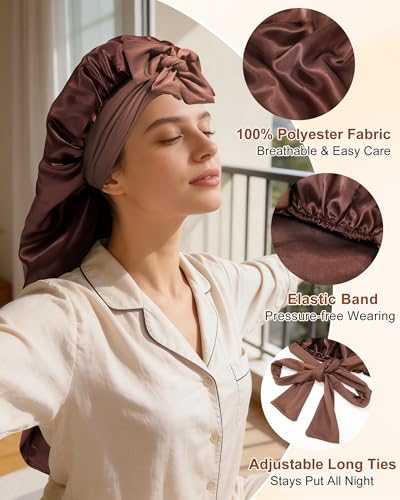 AWAYTR Long Satin Bonnet for Women Double Layer Elastic Silk Bonnet for Braids Hair Sleeping Cap with Tie Band Brown - Image 3