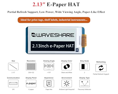 Waveshare 2.13inch E-Ink Display HAT V4 Version, Black/White Two-Color 250x122 Pixel E-Paper Module for Raspberry Pi 5/ 4B/3B+/3B/2B/A+/Zero W/WH/Zero 2 W/Jetson Nano SPI Interface, Support Partial Refresh - Image 2