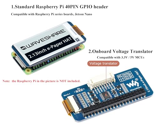 Waveshare 2.13inch E-Ink Display HAT V4 Version, Black/White Two-Color 250x122 Pixel E-Paper Module for Raspberry Pi 5/ 4B/3B+/3B/2B/A+/Zero W/WH/Zero 2 W/Jetson Nano SPI Interface, Support Partial Refresh - Image 3