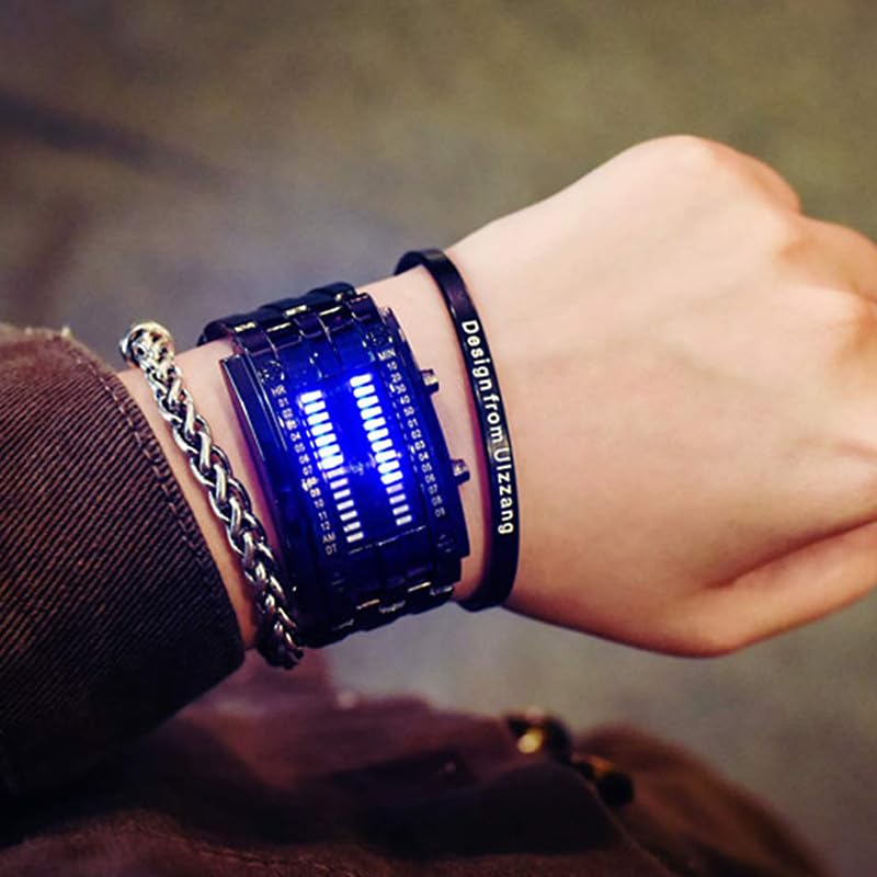 Fanmis ساعة يد رقمية مقاومة للماء بتقنية مصفوفة ثنائية مبتكرة LED زرقاء للرجال، ساعة كلاسيكية عصرية مطلية بالأسود (أسود) - Image 5