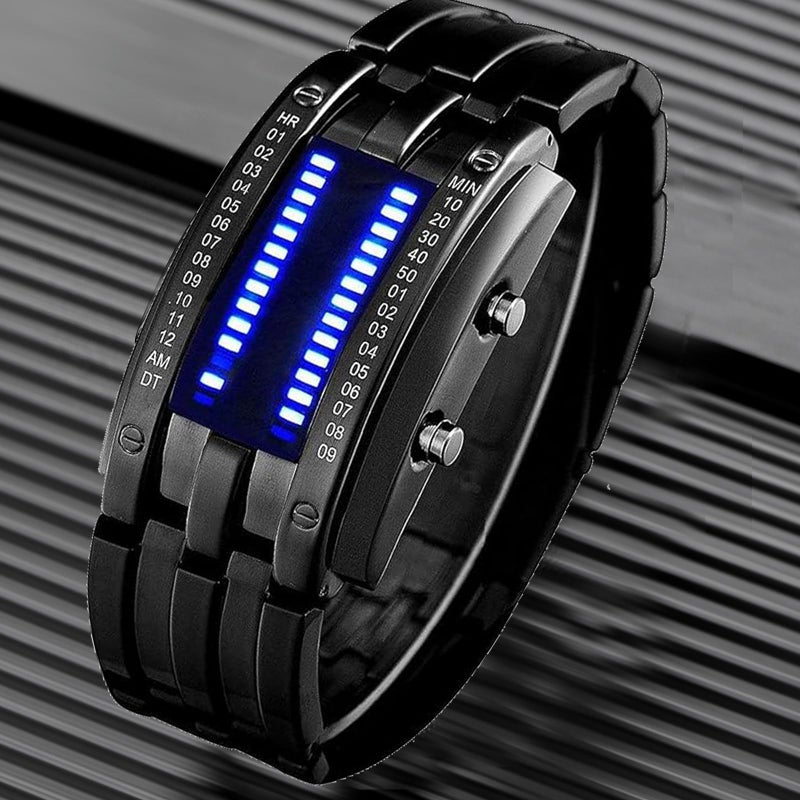 Fanmis ساعة يد رقمية مقاومة للماء بتقنية مصفوفة ثنائية مبتكرة LED زرقاء للرجال، ساعة كلاسيكية عصرية مطلية بالأسود (أسود) - Image 3