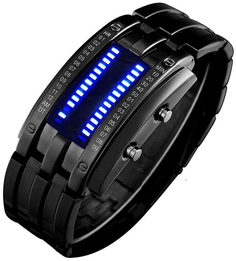 Fanmis ساعة يد رقمية مقاومة للماء بتقنية مصفوفة ثنائية مبتكرة LED زرقاء للرجال، ساعة كلاسيكية عصرية مطلية بالأسود (أسود) - Image 1