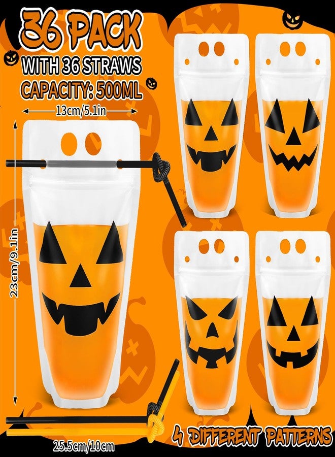 Whaline حزمة مشروبات هالوين من واهلين 36 قطعة مع مصاصات للبالغين أكياس عصير بلاستيكية شفافة قابلة للوقوف أكياس مشروبات كحولية بوجه قرع مخيف أكياس عصير سلسة بسحاب شفاف لاحتفالات هالوين وأعياد الميلاد - Image 2