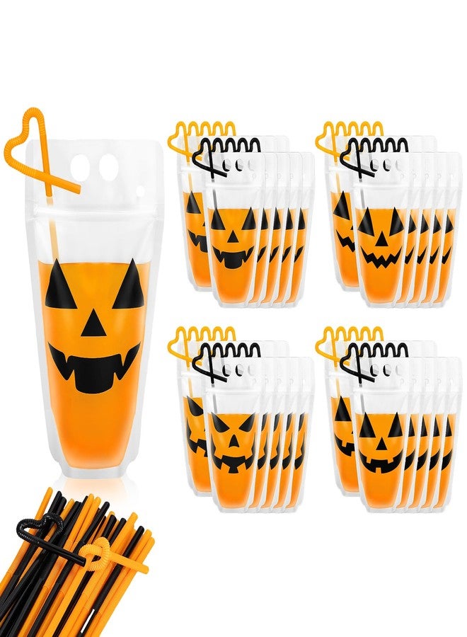 Whaline حزمة مشروبات هالوين من واهلين 36 قطعة مع مصاصات للبالغين أكياس عصير بلاستيكية شفافة قابلة للوقوف أكياس مشروبات كحولية بوجه قرع مخيف أكياس عصير سلسة بسحاب شفاف لاحتفالات هالوين وأعياد الميلاد - Image 1