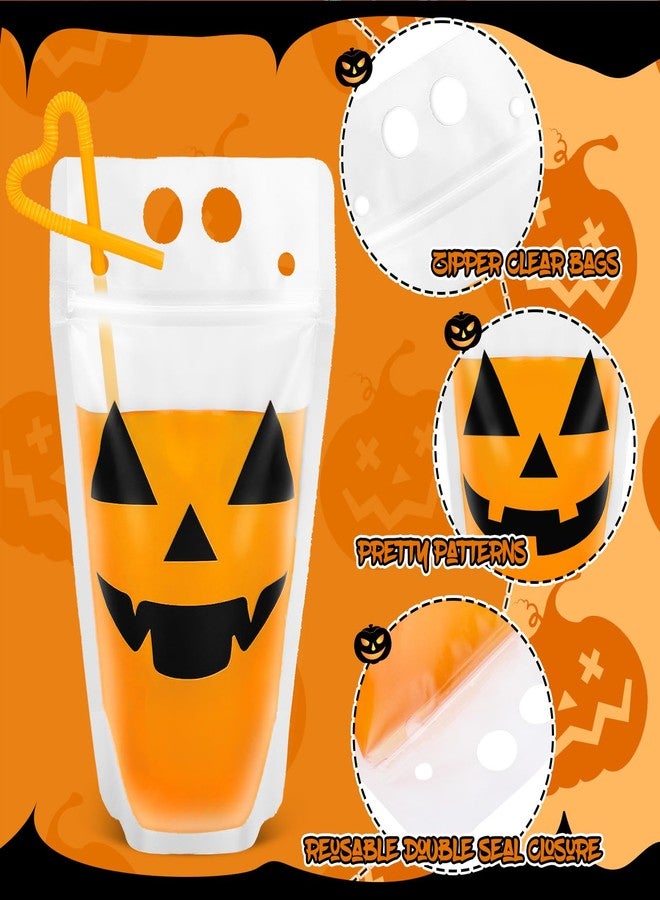 Whaline حزمة مشروبات هالوين من واهلين 36 قطعة مع مصاصات للبالغين أكياس عصير بلاستيكية شفافة قابلة للوقوف أكياس مشروبات كحولية بوجه قرع مخيف أكياس عصير سلسة بسحاب شفاف لاحتفالات هالوين وأعياد الميلاد - Image 3