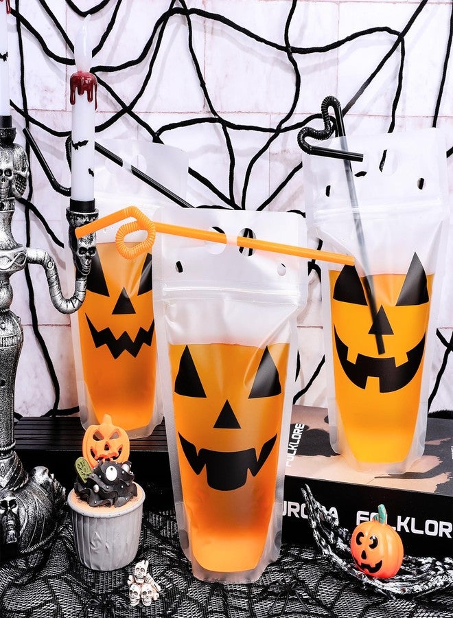 Whaline حزمة مشروبات هالوين من واهلين 36 قطعة مع مصاصات للبالغين أكياس عصير بلاستيكية شفافة قابلة للوقوف أكياس مشروبات كحولية بوجه قرع مخيف أكياس عصير سلسة بسحاب شفاف لاحتفالات هالوين وأعياد الميلاد - Image 4