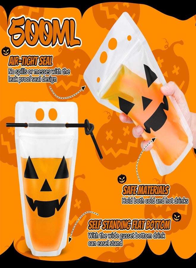 Whaline حزمة مشروبات هالوين من واهلين 36 قطعة مع مصاصات للبالغين أكياس عصير بلاستيكية شفافة قابلة للوقوف أكياس مشروبات كحولية بوجه قرع مخيف أكياس عصير سلسة بسحاب شفاف لاحتفالات هالوين وأعياد الميلاد - Image 5