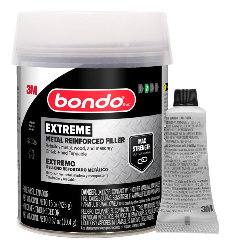 3M Bondo Metal Reinforced Filler - High Strength Filler, Can be Drilled and Tapped - Will Not Rust, 15 Fl oz with 0.37 oz Hardener