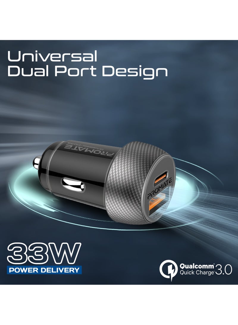 PROMATE DriveGear-PD33Ci 33W USB-C Power Delivery Car Charger with 18W QC 3.0, Dual Port Fast Charging Adapter, Mini Design, Overheat & Surge Protection, USB-C & USB-A for iPhone, Samsung And More - Black - Image 1