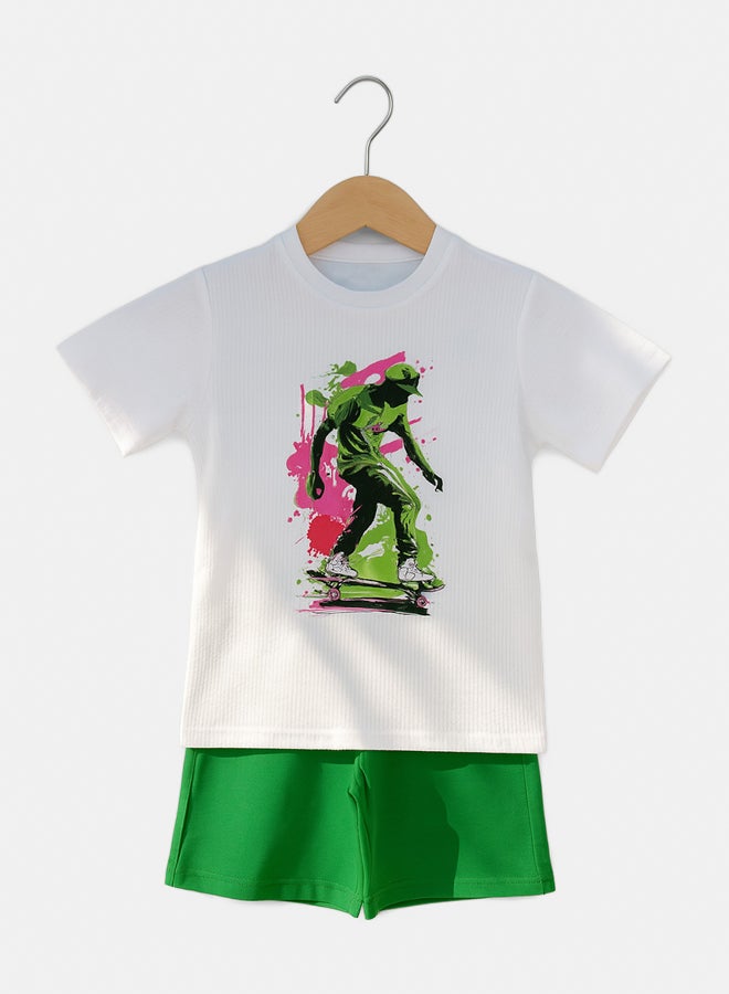 طقم شورت برسمة التزلج للاولاد اخضر