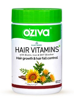 OZiva Hair Vitamin Capsules Hair Growth Hair Fall Control 100 Percent Natural Biotin Iron DHT Blocker Vitamin E Clinically Proven Supplements Women Men 60 Capsules  - Image 1