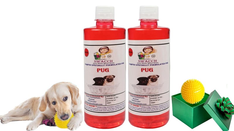 swacch Shampoo | Puppy Safe Shampoo | PH Balanced | Ditch to Itch for Pug Dog Shampoo 500ml Pack of 2 (Strawberry) + Spike Ball Chew Toy Combo Pack - Image 1