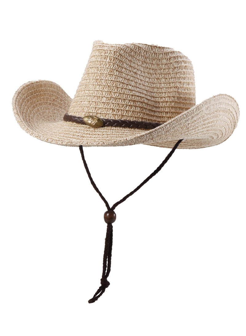 Cowboy Hat with String Foldable Summer Sun Protection Straw Beach Hats Wide Brim Adjustable Drawstring for Wedding Stage Performance Country - Image 1