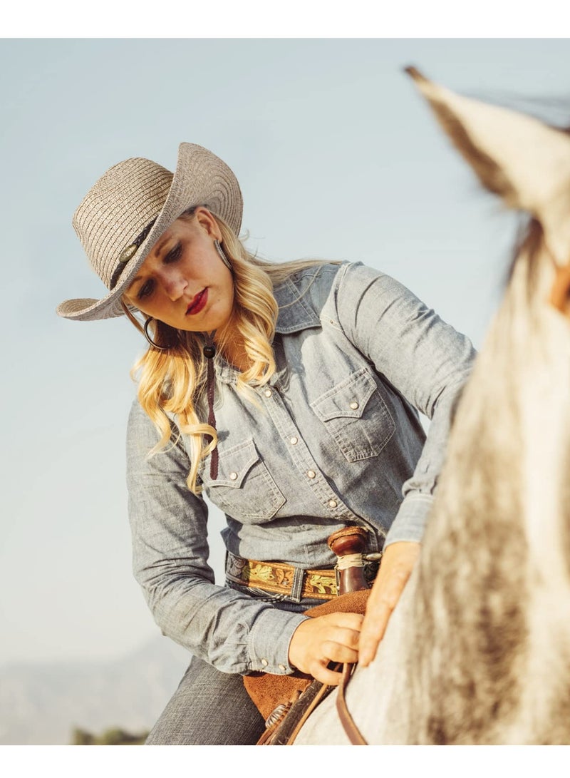 Cowboy Hat with String Foldable Summer Sun Protection Straw Beach Hats Wide Brim Adjustable Drawstring for Wedding Stage Performance Country - Image 2