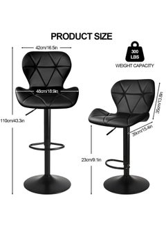 CityRiya-Long Bar Stools Set of 2 Black Dining Chair Swivel Bar Chairs Adjustable Counter Height BarStools with Back Leather Upholstered Bar Chair Swivel Stools for Bar, Kitchen, Dining Room (2, Black)  - Image 2