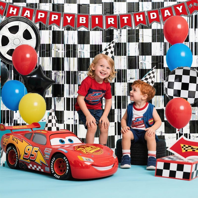 Simaya Race Car Birthday Party Decoration, 1 Pack Race Car Party Backdrop Photo Booth Prop, Black and Silver Checkered Fringe Curtains Tinsel Photo Streamers for One Happy Dude Race Car Theme Party Supplies - Image 4