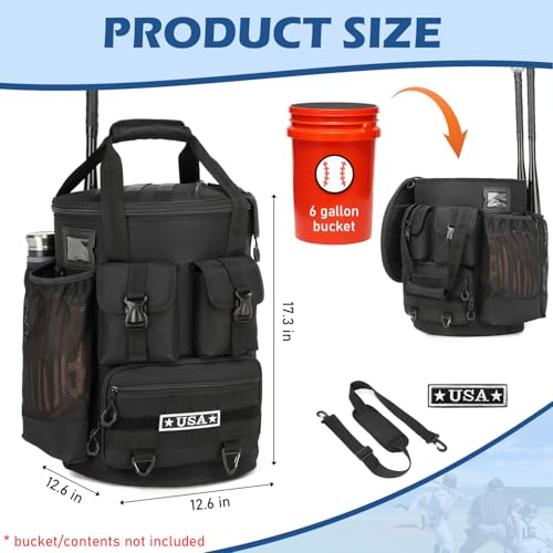SunForMorning Baseball Bucket Bag - Baseball Coaching Accessories Organizer, Softball Bucket Bag with Insulation Pocket, Anti-Slip Bottom for Bat, Gloves, Scoreboards, Black - Image 2