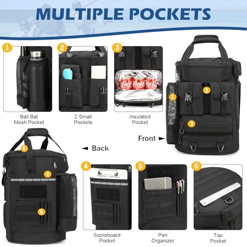 SunForMorning Baseball Bucket Bag - Baseball Coaching Accessories Organizer, Softball Bucket Bag with Insulation Pocket, Anti-Slip Bottom for Bat, Gloves, Scoreboards, Black - Image 4