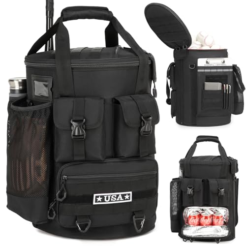 SunForMorning Baseball Bucket Bag - Baseball Coaching Accessories Organizer, Softball Bucket Bag with Insulation Pocket, Anti-Slip Bottom for Bat, Gloves, Scoreboards, Black - Image 1