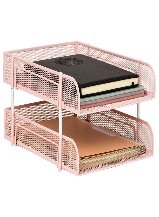 Mind Reader Stackable Paper Tray, Desktop Organizer, File Storage, Office, Metal Mesh, 2 Pcs, Pink - Image 1