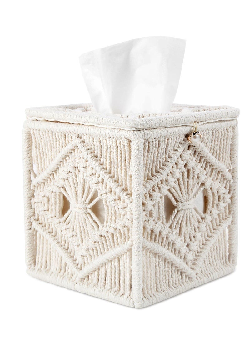 Excefore Tissue Box Cover Boho Decor, Square Handmade Woven Tissue Box Holder with Bead Buckle Macrame Cube Facial Tissue Dispenser Napkin Tissues Organizer for Bathroom, Living Room, Bedroom (Ivory) - Image 1