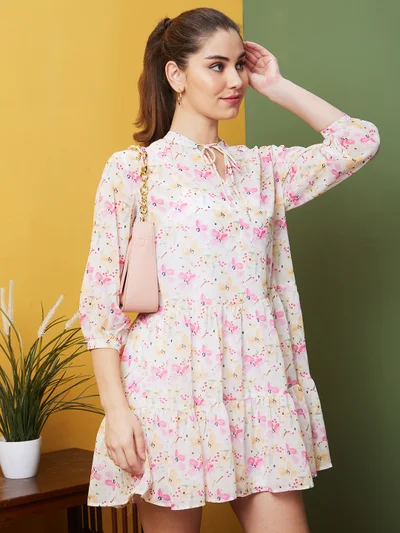 globus Women Floral Print Puff Sleeve Georgette Fit & Flare Dress