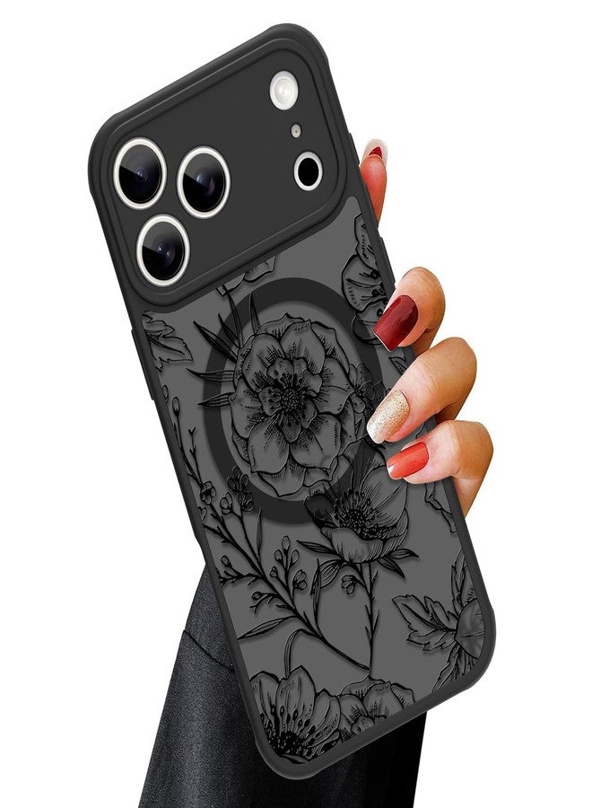 أو أو كيه جراب OOK المغناطيسي لهاتف iPhone 17 Pro Max (6.9 بوصة) - غطاء نحيف شفاف غير لامع بتصميم زهرة الفاوانيا السوداء [متوافق مع MagSafe] حماية للكاميرا، خفيف الوزن وأنيق - Image 1
