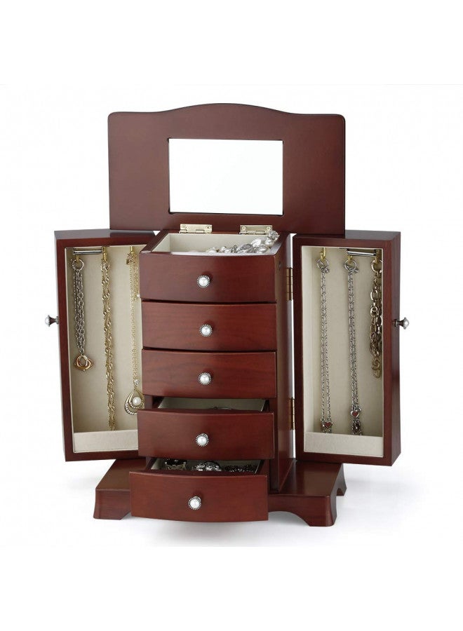 RR ROUND RICH DESIGN Jewelry Box - Made of Solid Wood with Tower Style 4 Drawers Organizer and 2 Separated Open Doors on 2 Sides and Large Mirror Brown - Image 2