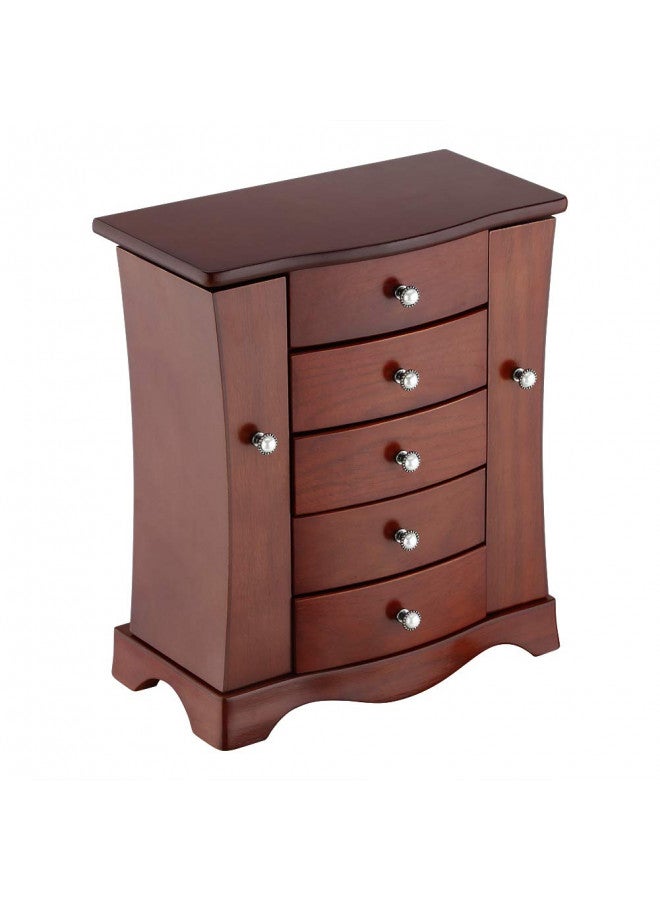 RR ROUND RICH DESIGN Jewelry Box - Made of Solid Wood with Tower Style 4 Drawers Organizer and 2 Separated Open Doors on 2 Sides and Large Mirror Brown - Image 1