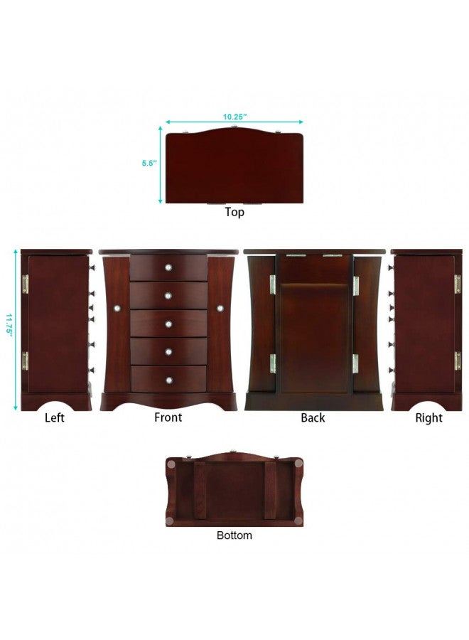 RR ROUND RICH DESIGN Jewelry Box - Made of Solid Wood with Tower Style 4 Drawers Organizer and 2 Separated Open Doors on 2 Sides and Large Mirror Brown - Image 4