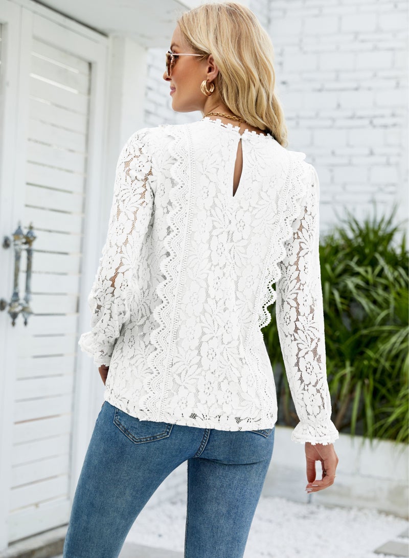 Loquat Solid Colour Cut-Out Lace V-Neck Long Sleeve Lace Top White  - Image 2