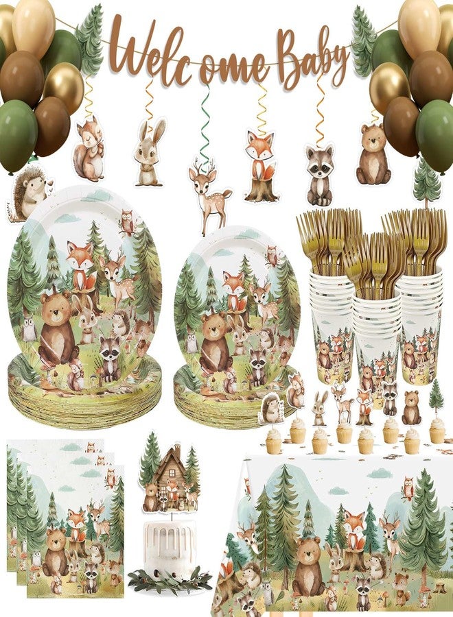 Heboland 192Pcs Woodland Baby Shower Decorations Plates Set, Woodland Animals Themed Baby Shower Plates Napkins Cups Forks Tablecloth Balloons Banner Hanging Swirls Cupcake Toppers, 25 Guests - Image 1