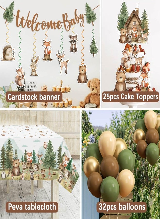 Heboland 192Pcs Woodland Baby Shower Decorations Plates Set, Woodland Animals Themed Baby Shower Plates Napkins Cups Forks Tablecloth Balloons Banner Hanging Swirls Cupcake Toppers, 25 Guests - Image 2