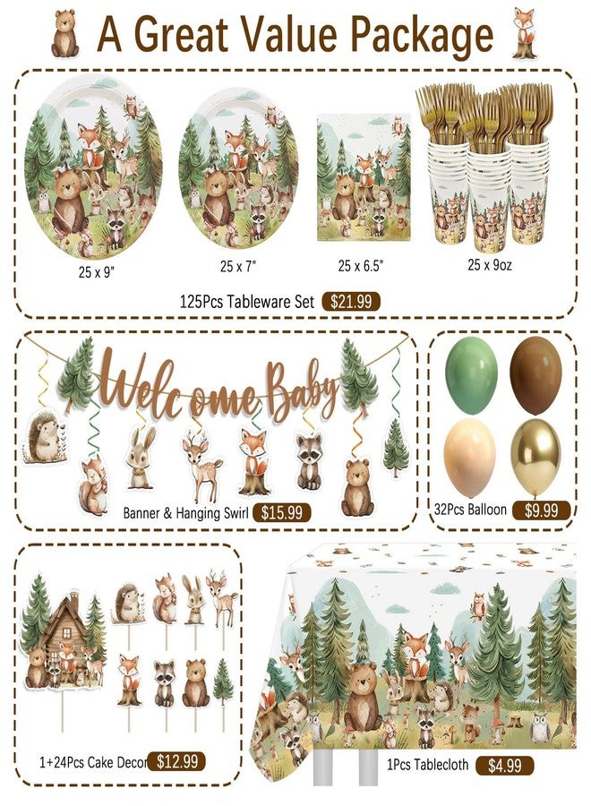 Heboland 192Pcs Woodland Baby Shower Decorations Plates Set, Woodland Animals Themed Baby Shower Plates Napkins Cups Forks Tablecloth Balloons Banner Hanging Swirls Cupcake Toppers, 25 Guests - Image 3