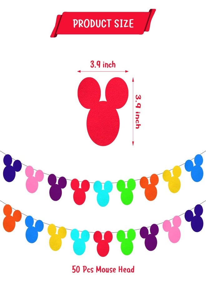 Ou Rui 50 Pcs Rainbow Cartoon Mouse Banner Flags Colorful Double-Sided Felt Garland Birthday Party Banner Decor Supplies for Cute Mouse Theme Party Kids Birthday Party Baby Shower and Classroom Decor - Image 3