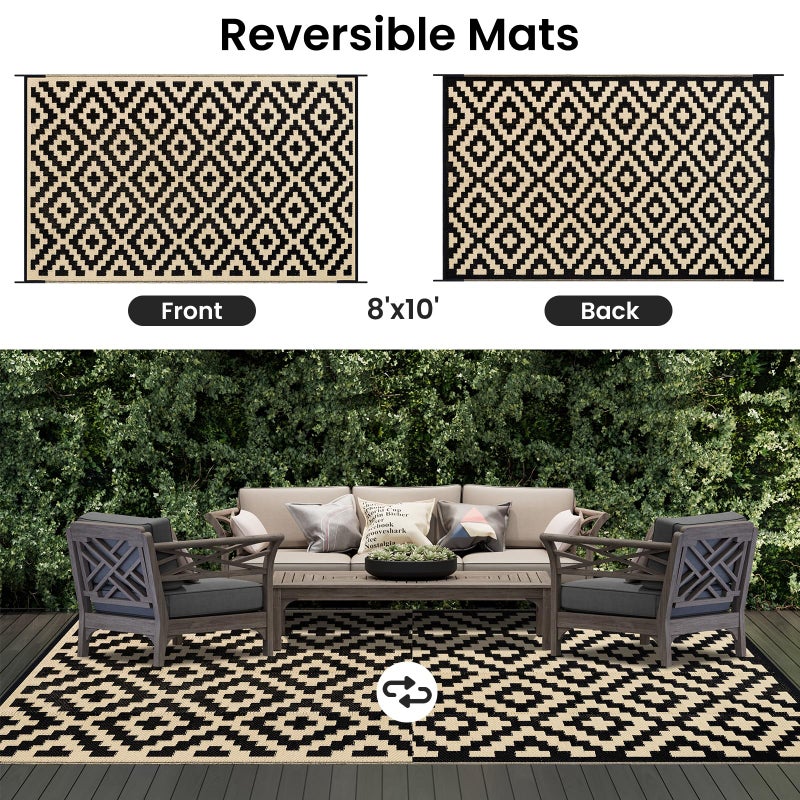 Smiry Waterproof Outdoor Rug 8x10 ft, Reversible Plastic Straw Patio Camping Rugs, Outdoor Indoor RV Mat Carpet for Patio, Outside Entry, Backyard, Deck, Bench, Picnic, Camper, Black & Beige - Image 3