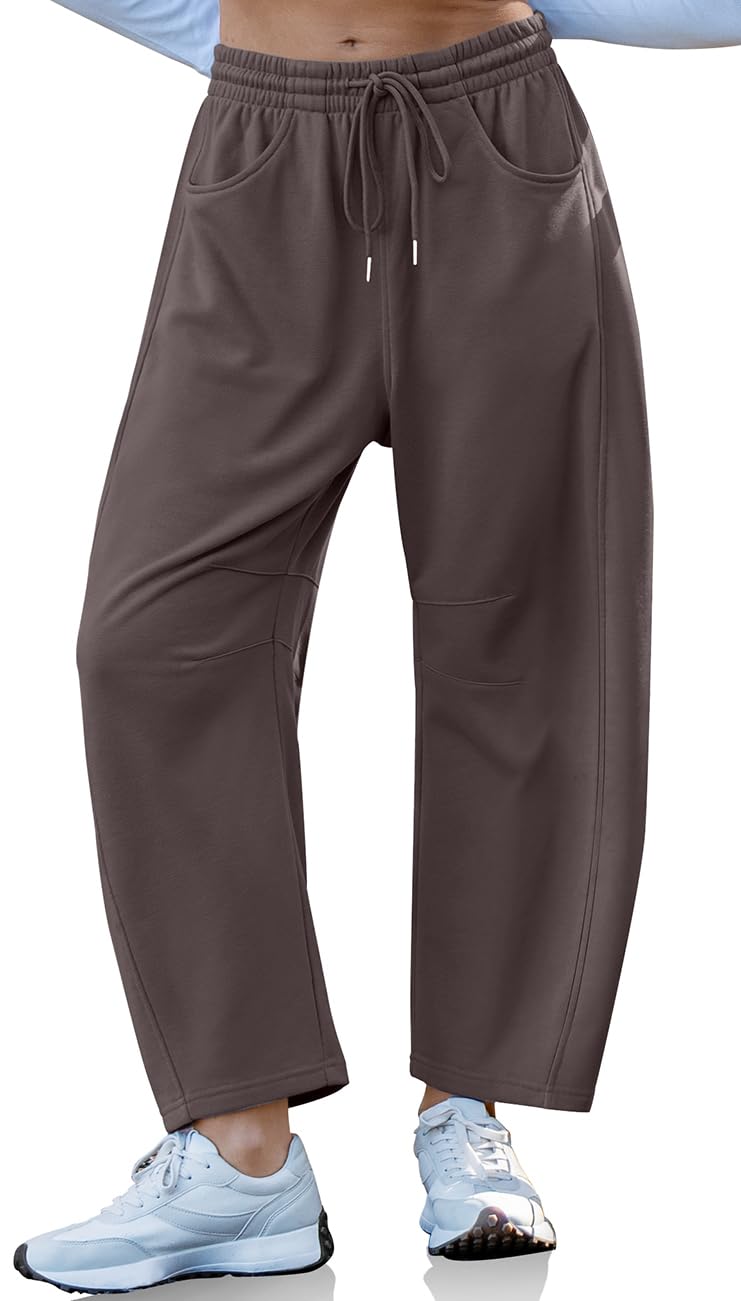 TARSE Women's Barrel Leg Sweatpant Drawstring Elastic Waisted Wide Leg Pants Casual Cotton Palazzo Trousers with Pockets, Coffee M - Image 1