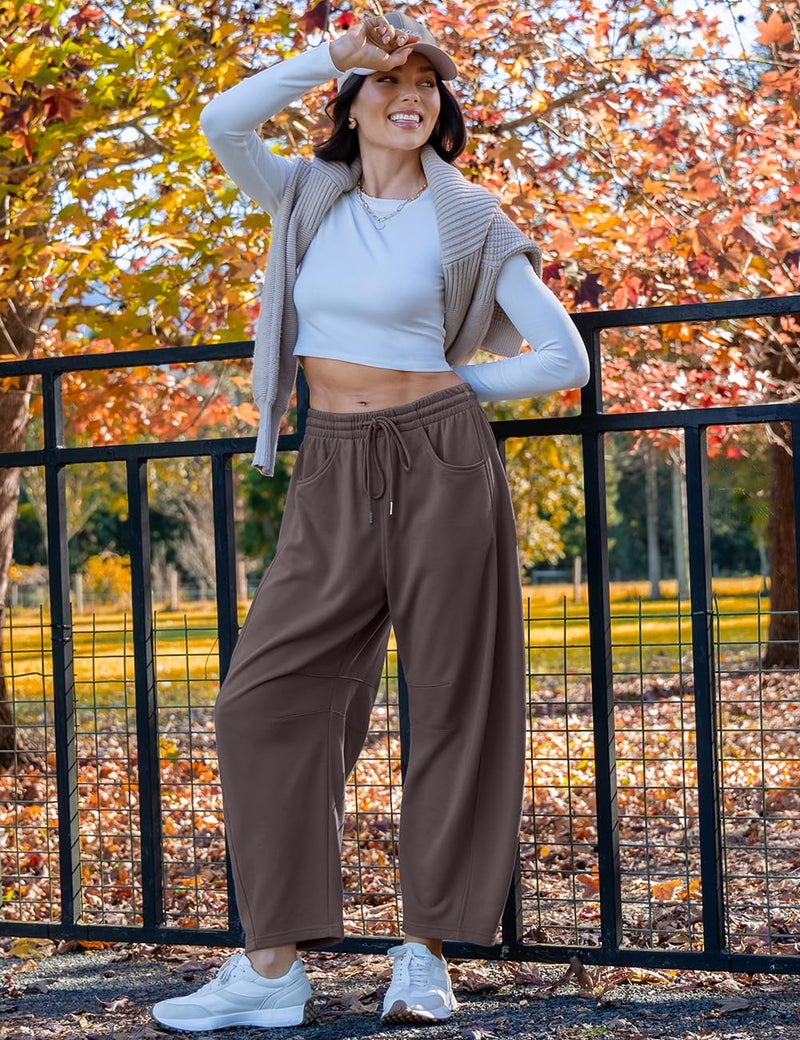 TARSE Women's Barrel Leg Sweatpant Drawstring Elastic Waisted Wide Leg Pants Casual Cotton Palazzo Trousers with Pockets, Coffee M - Image 2