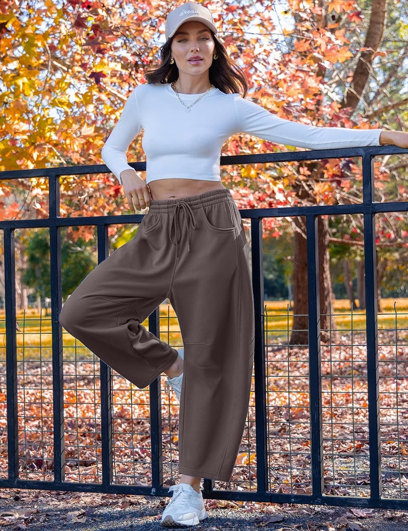 TARSE Women's Barrel Leg Sweatpant Drawstring Elastic Waisted Wide Leg Pants Casual Cotton Palazzo Trousers with Pockets, Coffee M - Image 4