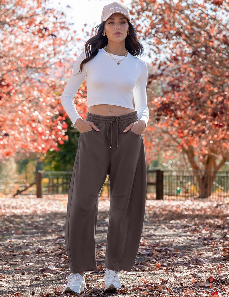 TARSE Women's Barrel Leg Sweatpant Drawstring Elastic Waisted Wide Leg Pants Casual Cotton Palazzo Trousers with Pockets, Coffee M - Image 3