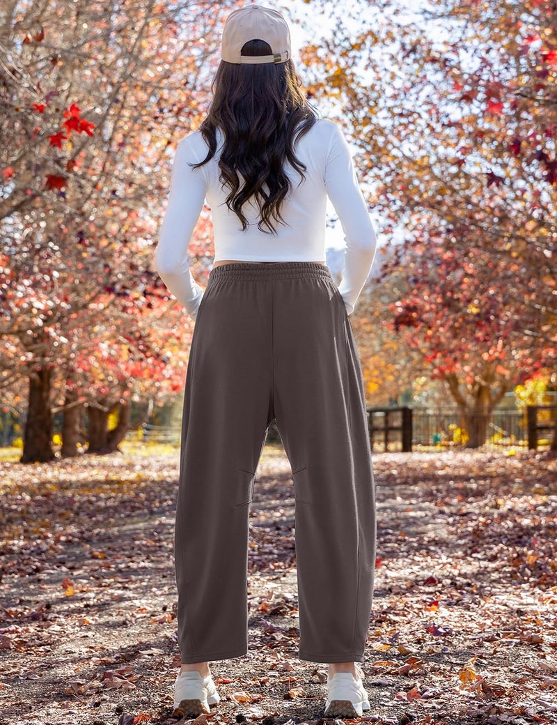 TARSE Women's Barrel Leg Sweatpant Drawstring Elastic Waisted Wide Leg Pants Casual Cotton Palazzo Trousers with Pockets, Coffee M - Image 5