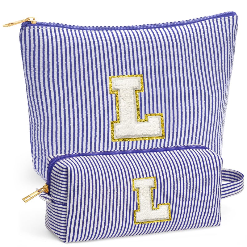 Fohufo Travel Makeup Bag Organizer Travel Essentials Initial Travel Toiletry Bag with Zipper Small Makeup Bag for Purse Cute Blue Stuff Birthday Gifts for Women Mom Daughter Blue Letter L - Image 2