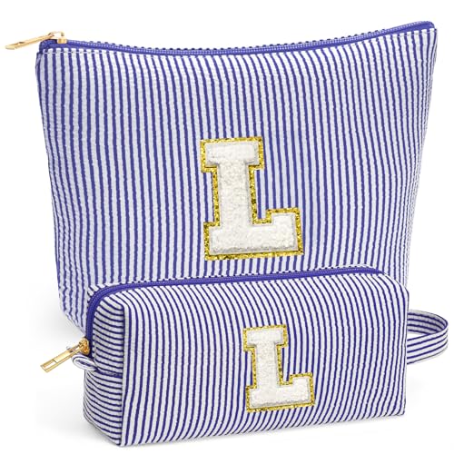 Fohufo Travel Makeup Bag Organizer Travel Essentials Initial Travel Toiletry Bag with Zipper Small Makeup Bag for Purse Cute Blue Stuff Birthday Gifts for Women Mom Daughter Blue Letter L - Image 1