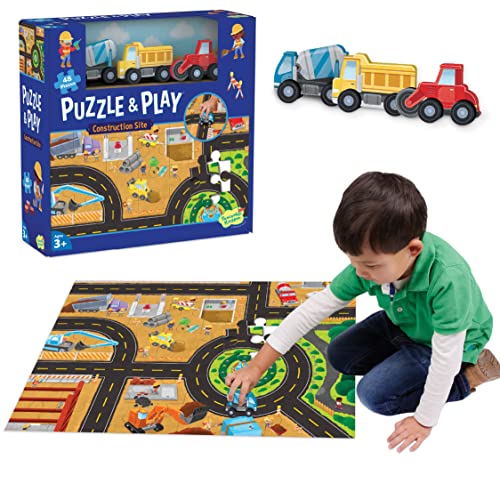 Peaceable Kingdom Puzzle and Play Construction Site 48Piece Puzzle Includes 3 Wooden Construction Vehicles Great for Home or Classroom Use for Kids Ages 3 Up - Image 1