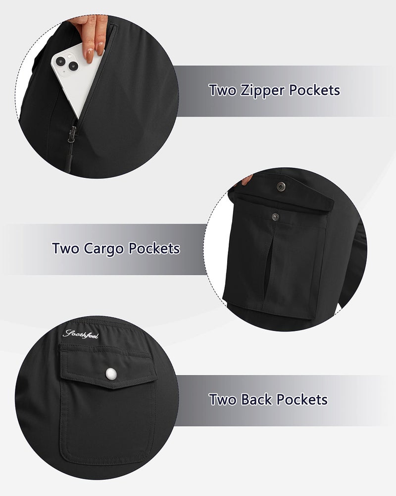 Soothfeel سروال كابري كارجو للنساء من سوذفيل مع 6 جيوب خفيف الوزن سريع الجفاف للسفر والمشي في الصيف للنساء عادي (أسود، L) - Image 4