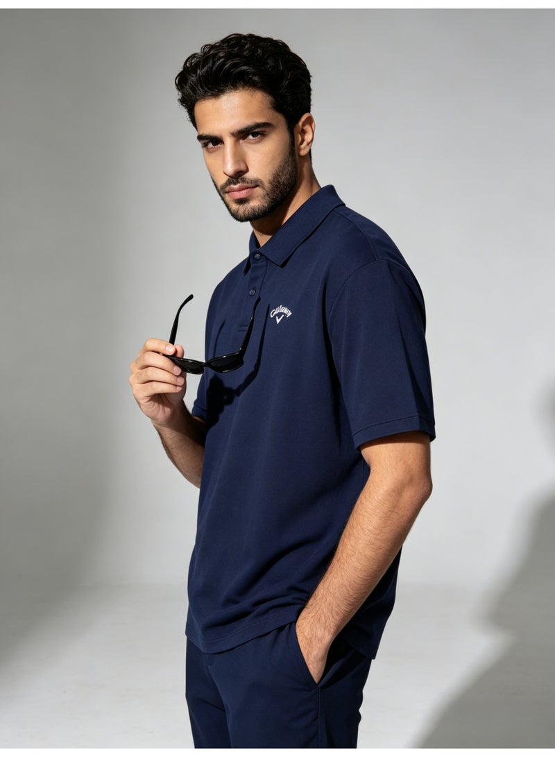 Callaway Men’s Navy Solid Short Sleeve Golf Polo Shirt with White Printed Chest Logo - Image 1
