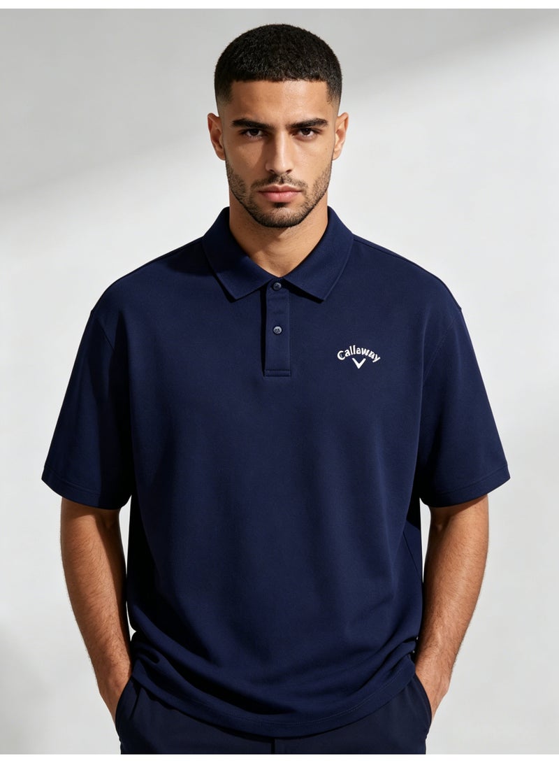 Callaway Men’s Navy Solid Short Sleeve Golf Polo Shirt with White Printed Chest Logo - Image 3