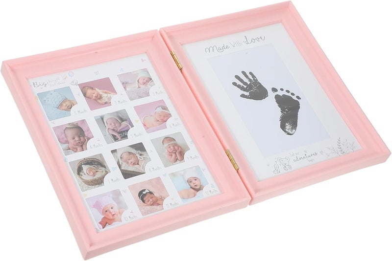 GALPADA Handprint and Footprint Photo Frame for Newborns, Pink Dual-fold Keepsake Frame with Growth Milestone Display for Memory and Nursery Decor - Image 1