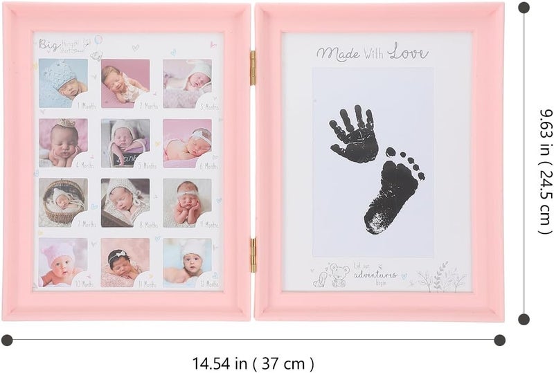 GALPADA Handprint and Footprint Photo Frame for Newborns, Pink Dual-fold Keepsake Frame with Growth Milestone Display for Memory and Nursery Decor - Image 2