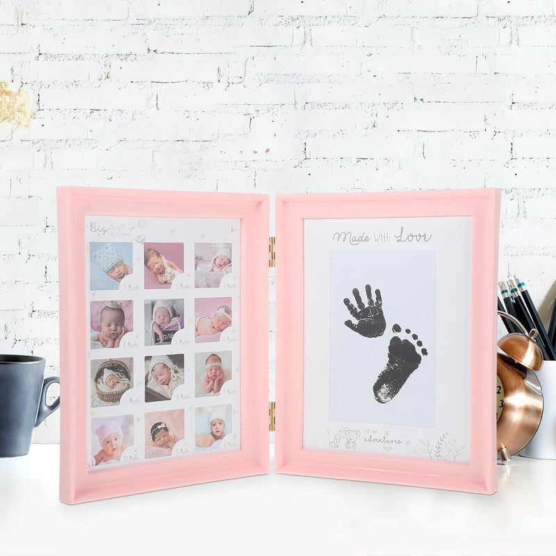 GALPADA Handprint and Footprint Photo Frame for Newborns, Pink Dual-fold Keepsake Frame with Growth Milestone Display for Memory and Nursery Decor - Image 5
